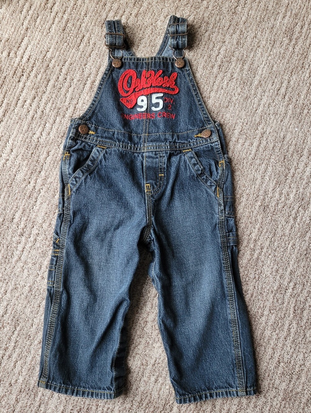 OshKosh B'gosh Denim Overalls Cotton Red Brand Patch  Unisex Toddler 18 Months